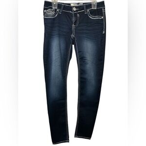 Hydraulic Dark Wash Skinny Jeans with White Stitching Pocket Embellishment Y2k
